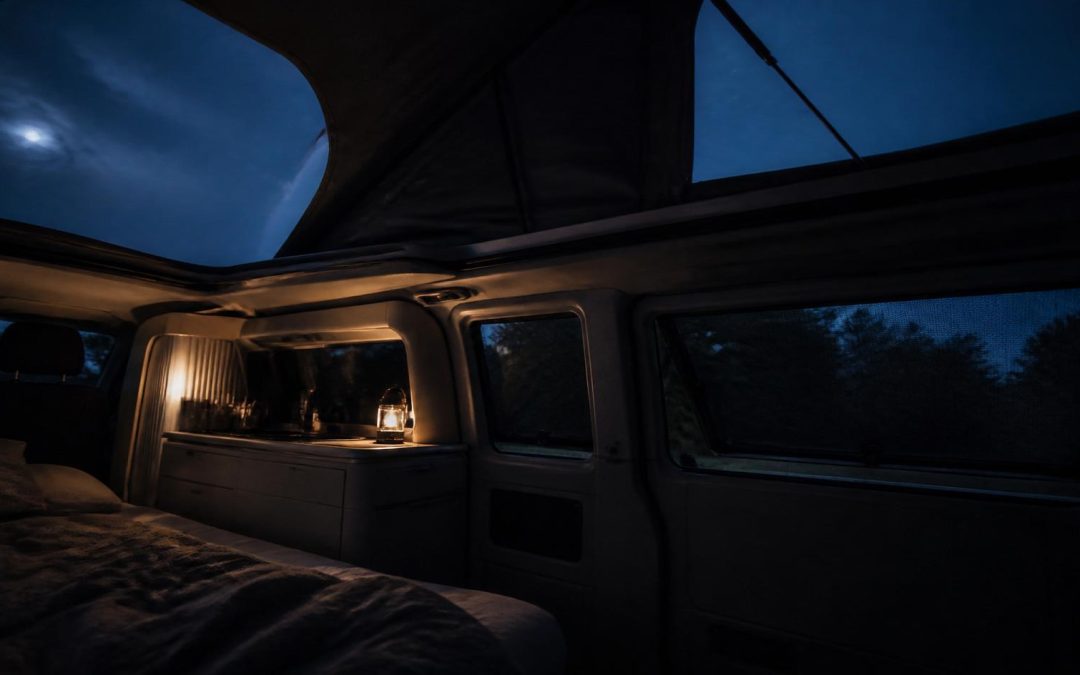 Camper van roof vent cracked open at night for cross ventilation