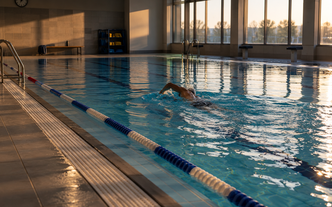 Lone swimmer doing easy laps in a quiet indoor pool in late-afternoon light